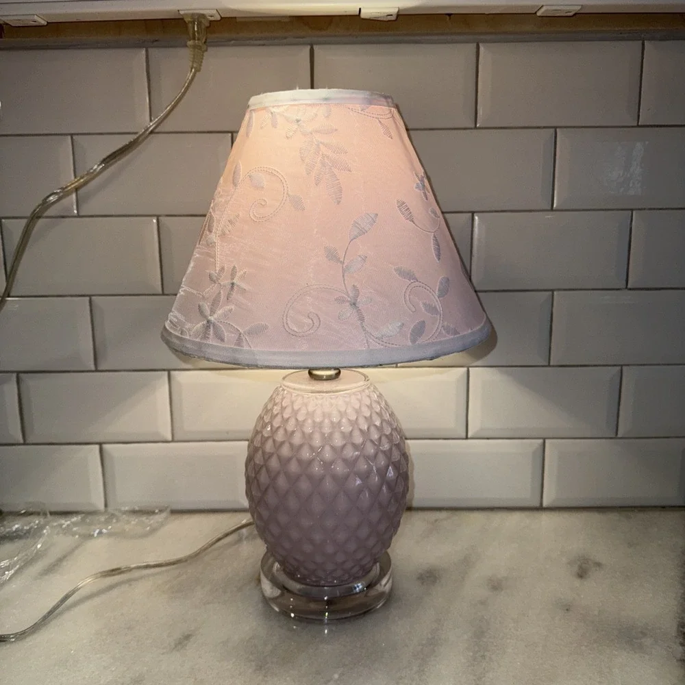 Pink Milk Glass Like Lamp With Clear Lucite Base Pink Embroidered Lamp Shade0041